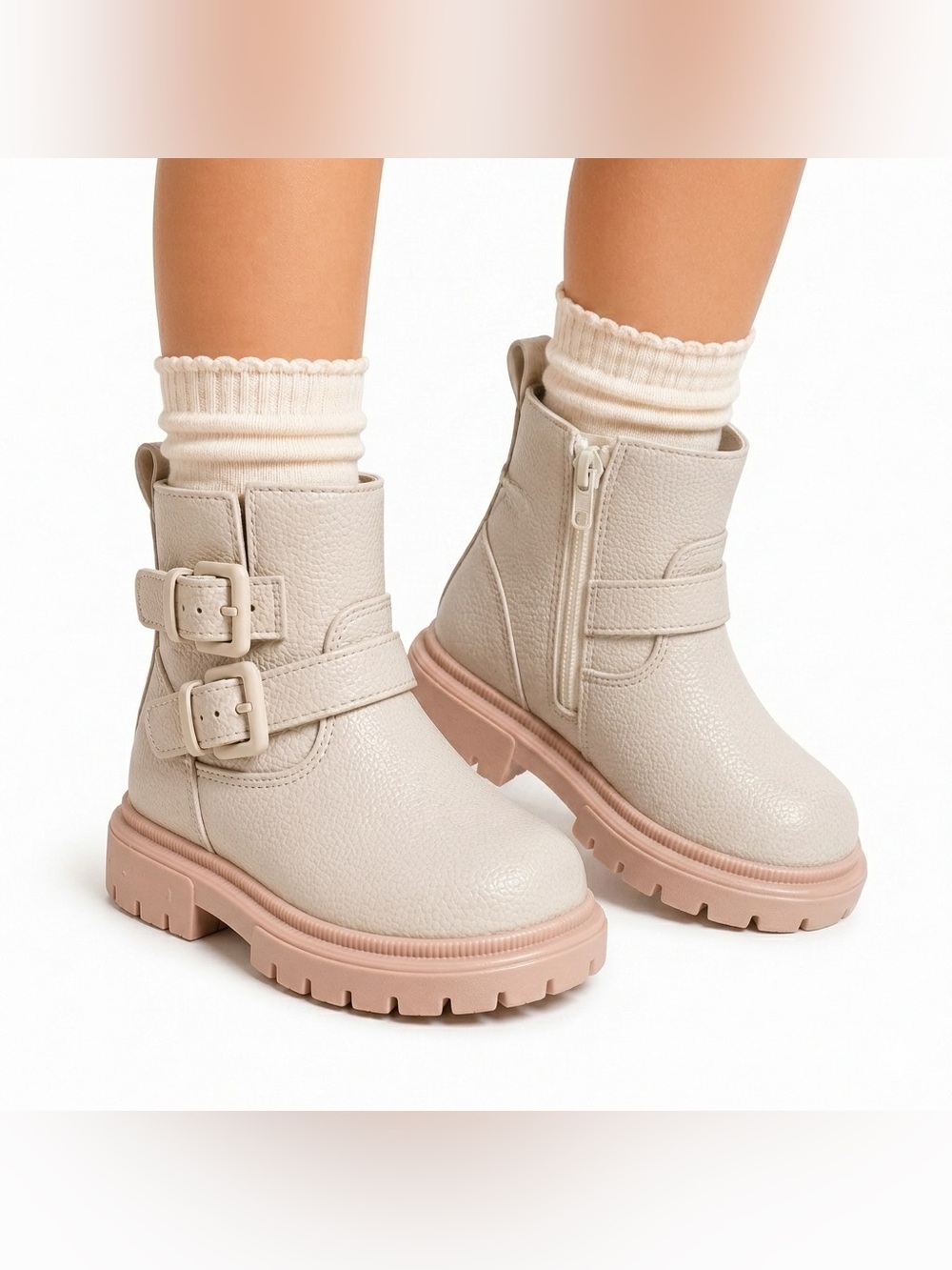 Cat & Jack Toddlers' Evie Buckle Moto Boots Cream Size 6T